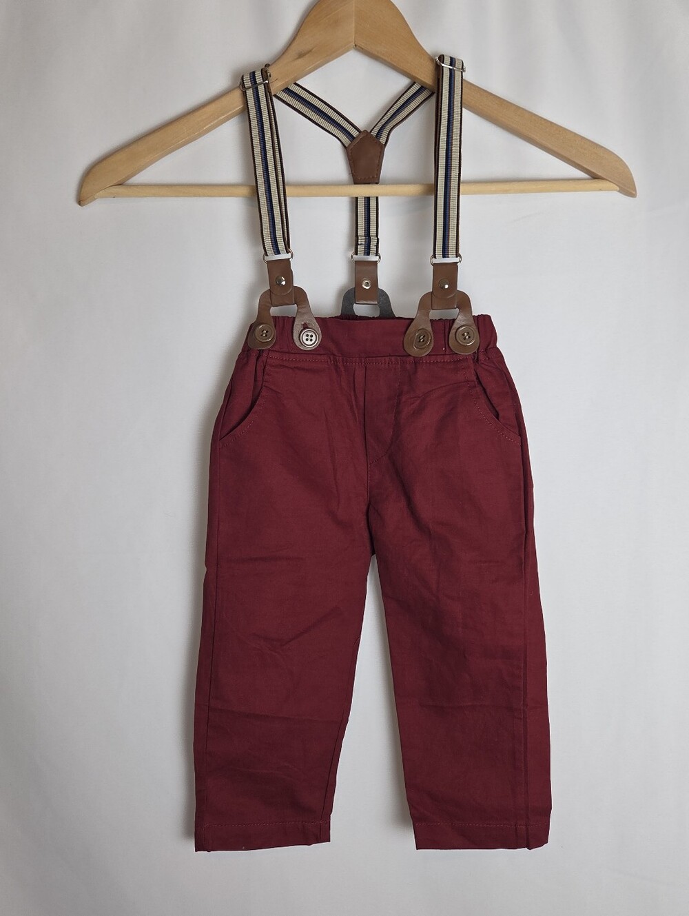 Boys Maroon Pants With Striped Suspenders